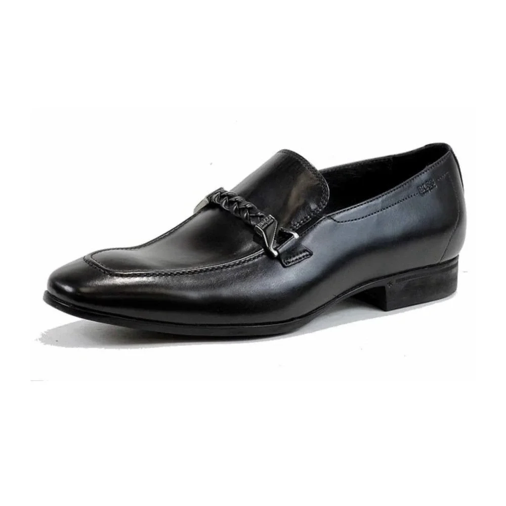Hugo Boss Loafers Mens Size 9 Black Good Braided Strap Leather Dress Shoes